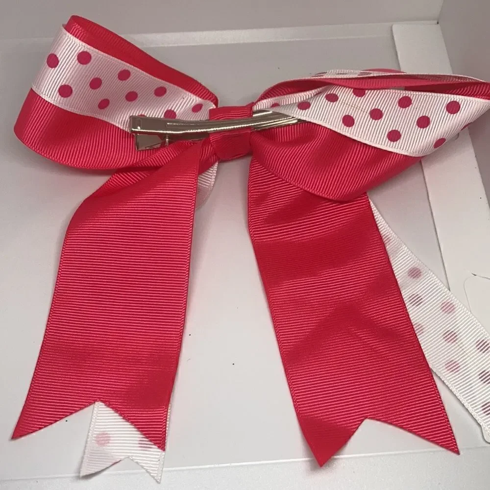 Pink polkadot white girls Large hair bow